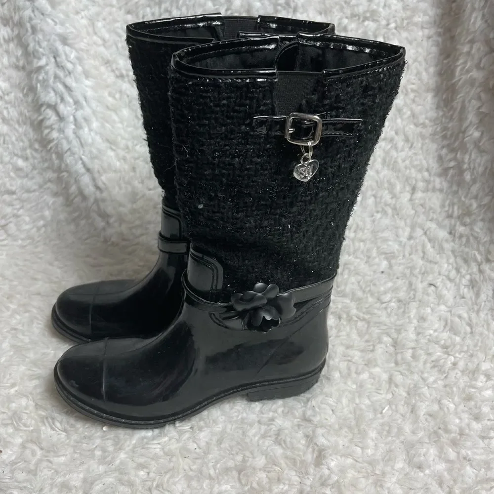 Stuart Weitzman girl Waltz Black mid calf  rain boots glitter accent size 3